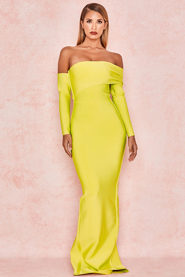 Yellow Off-Shoulder Long Sleeve Foldover Bandage Mermaid Maxi Dress