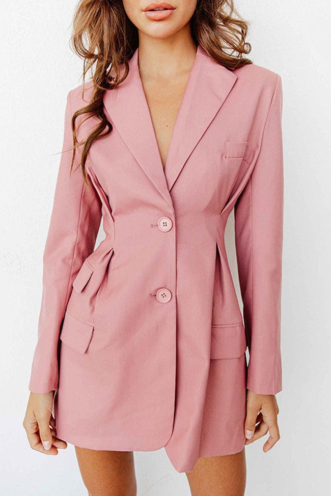 Pink Lapel Collar Long Sleeve Pleated Waist Blazer Mini Dress