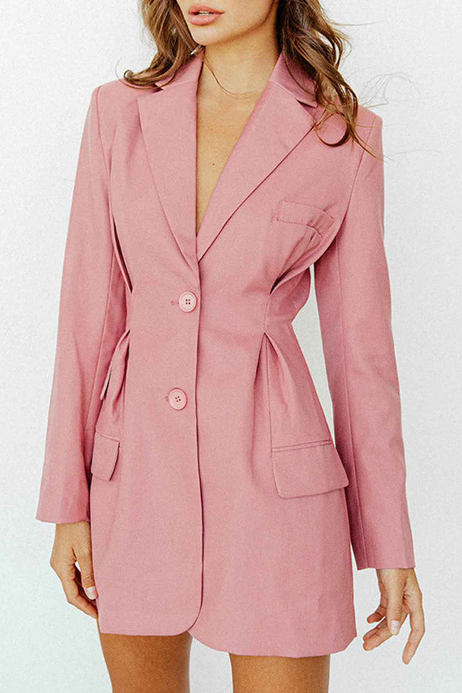 Pink Lapel Collar Long Sleeve Pleated Waist Blazer Mini Dress