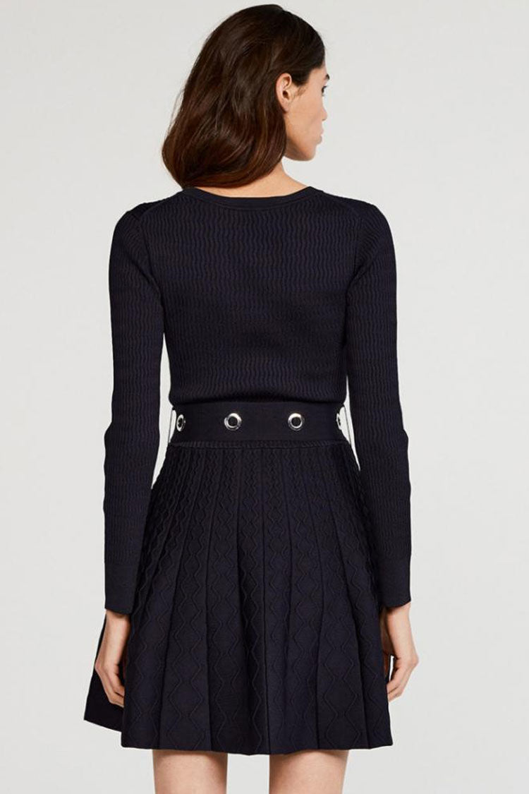 Navy Blue Round Neck Long Sleeve Ribbed Knit Belted Skater Mini Dress
