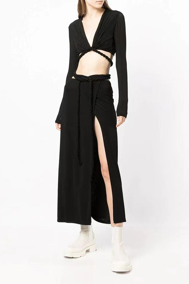 Black Long Sleeve Rope Wrap Top High Slit Two Piece Maxi Dress
