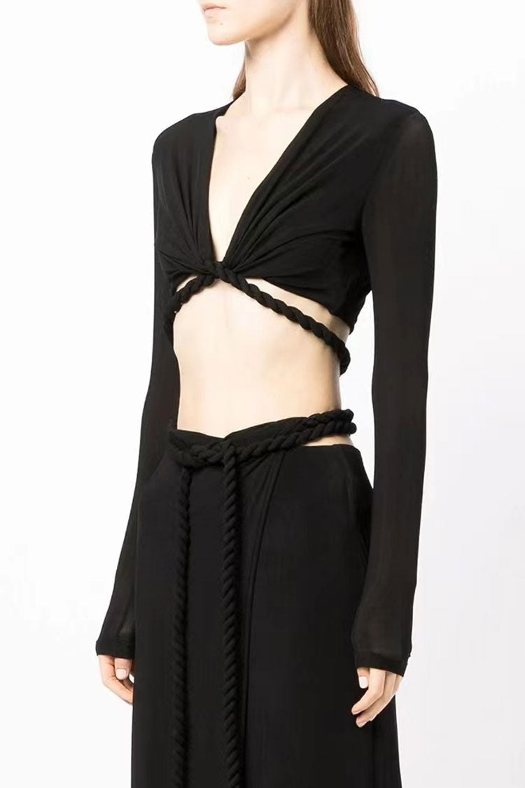 Black Long Sleeve Rope Wrap Top High Slit Two Piece Maxi Dress