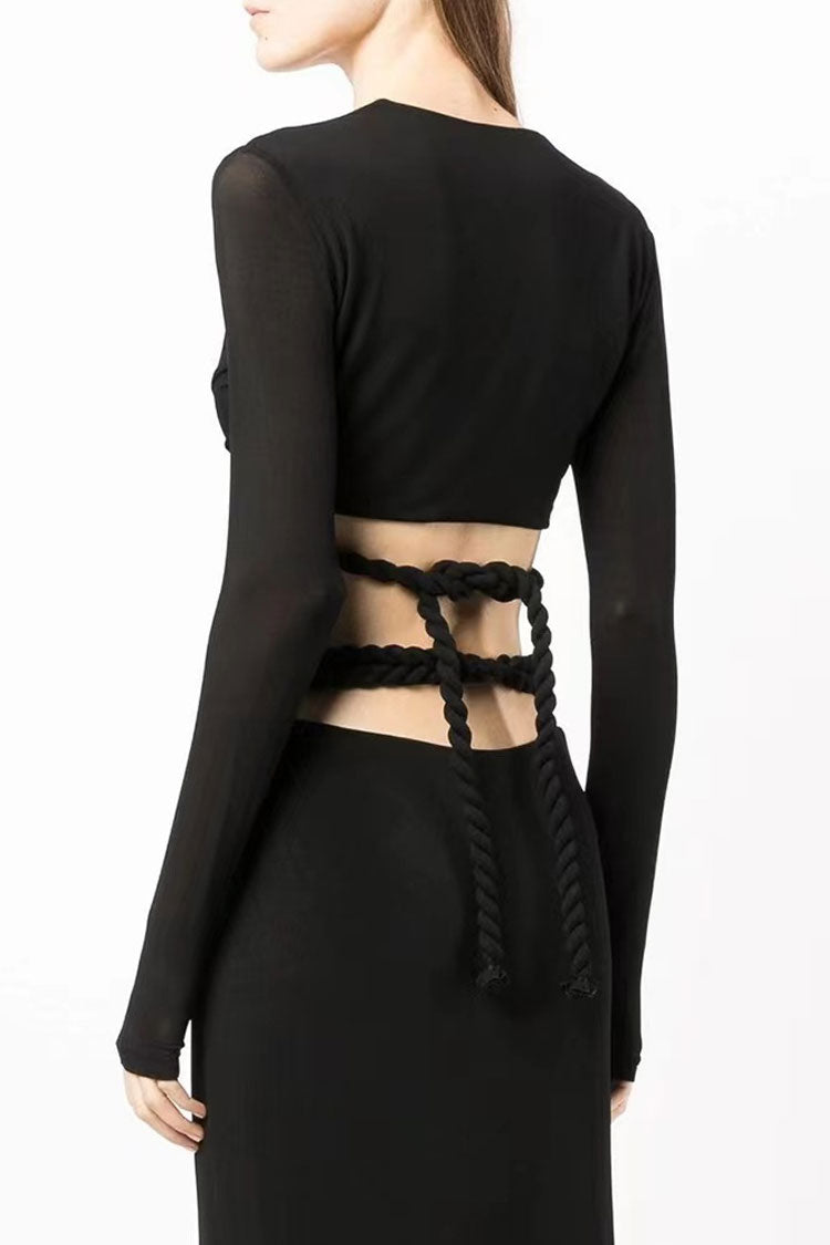 Black Long Sleeve Rope Wrap Top High Slit Two Piece Maxi Dress