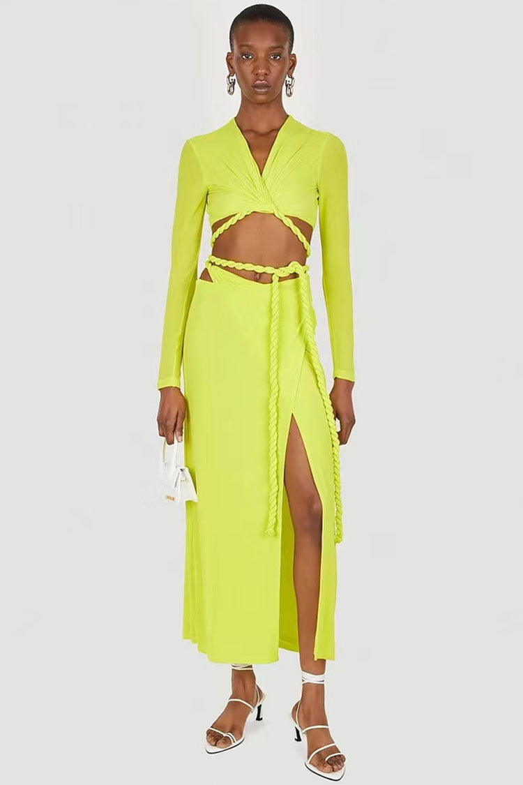 Lime Green Long Sleeve Rope Wrap Cutout High Slit Two Piece Midi Dress