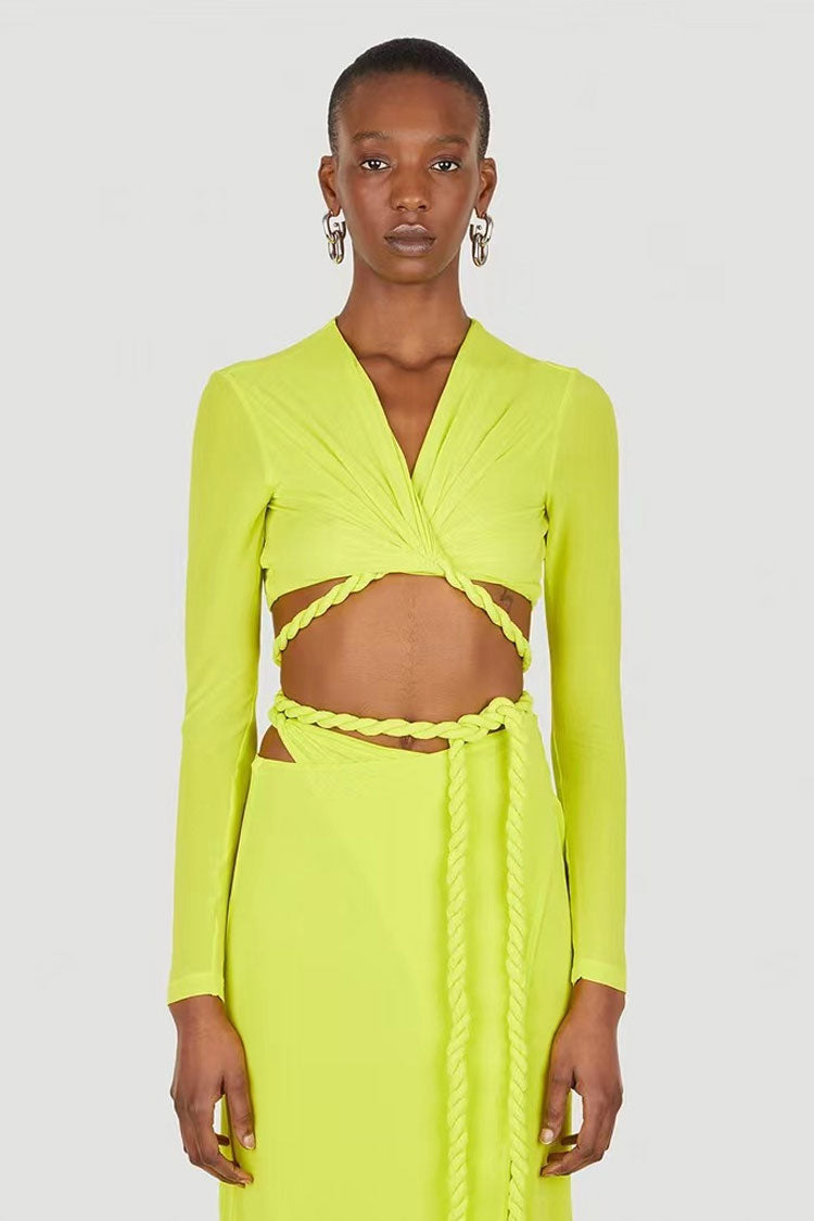 Lime Green Long Sleeve Rope Wrap Cutout High Slit Two Piece Midi Dress