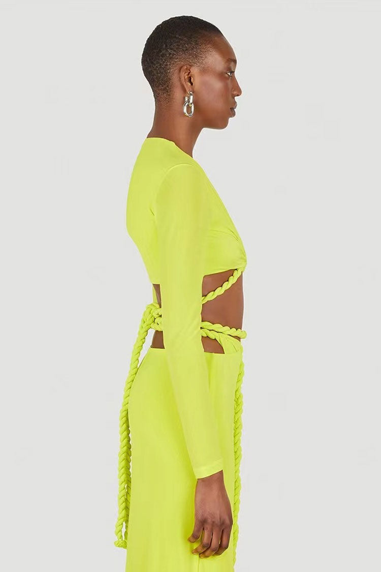 Lime Green Long Sleeve Rope Wrap Cutout High Slit Two Piece Midi Dress