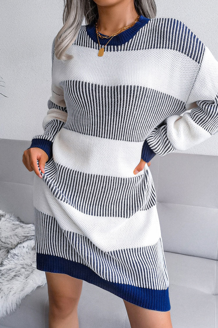 Royal Blue Crew Neck Long Sleeve Textured Striped Knit Sweater Mini Dress 2