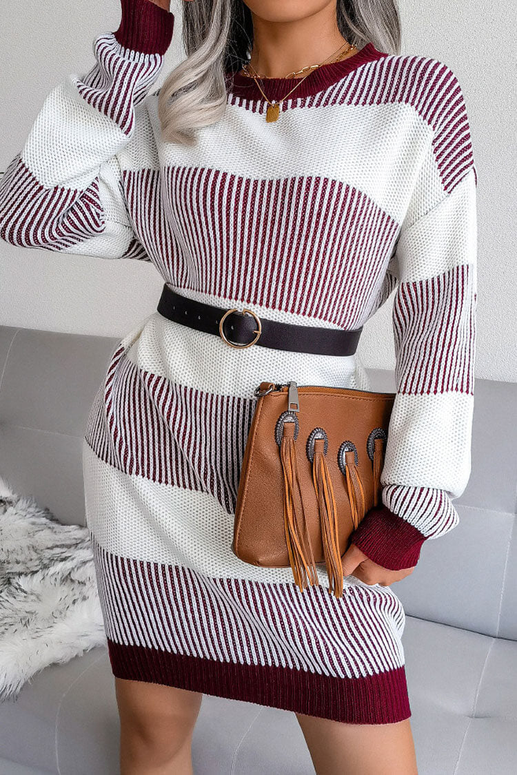 Wine Red Round Neck Long Sleeve Striped Textured Knit Sweater Mini Dress