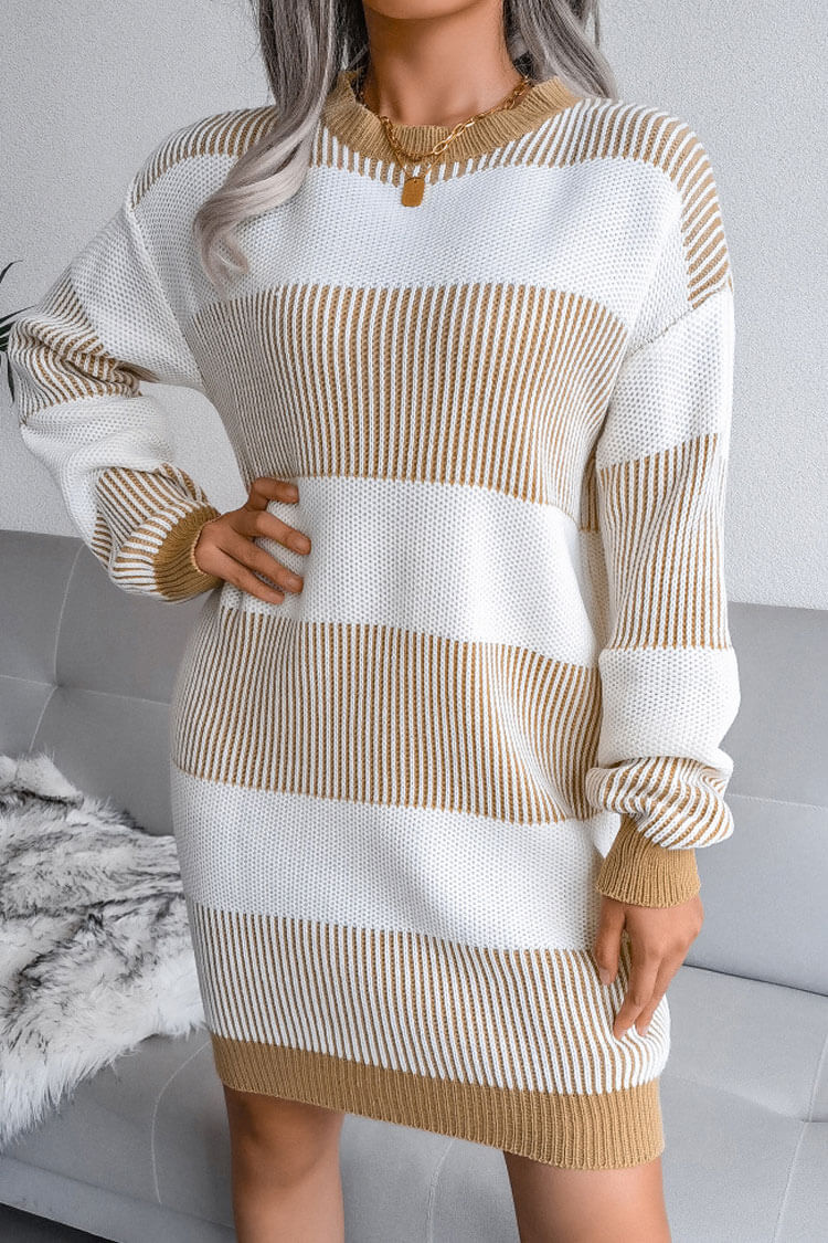 Khaki Crew Neck Long Sleeve Textured Striped Knit Sweater Mini Dress