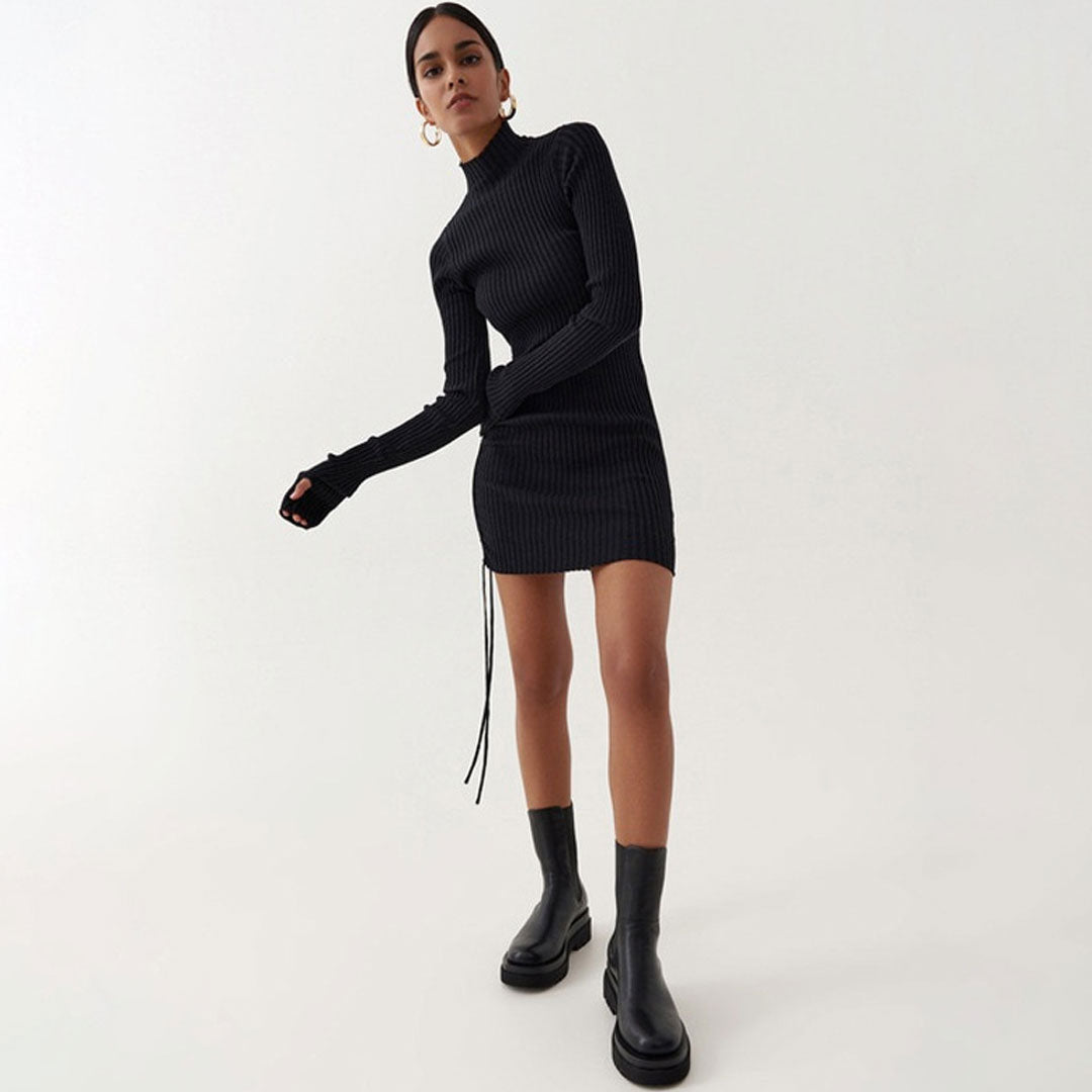 Black Turtleneck Long Sleeve Ribbed Side Tie Ruched Bodycon Mini Dress