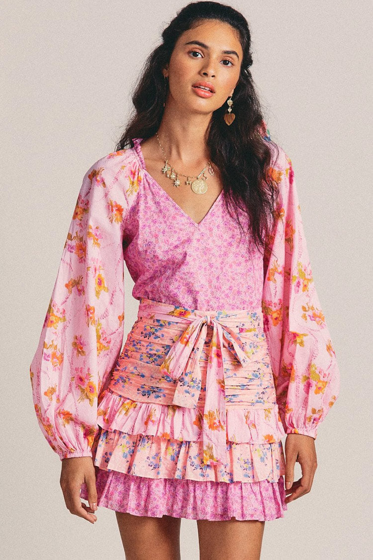 Pink V-Neck Long Sleeve Floral Print Ruched Tiered Ruffle Mini Dress