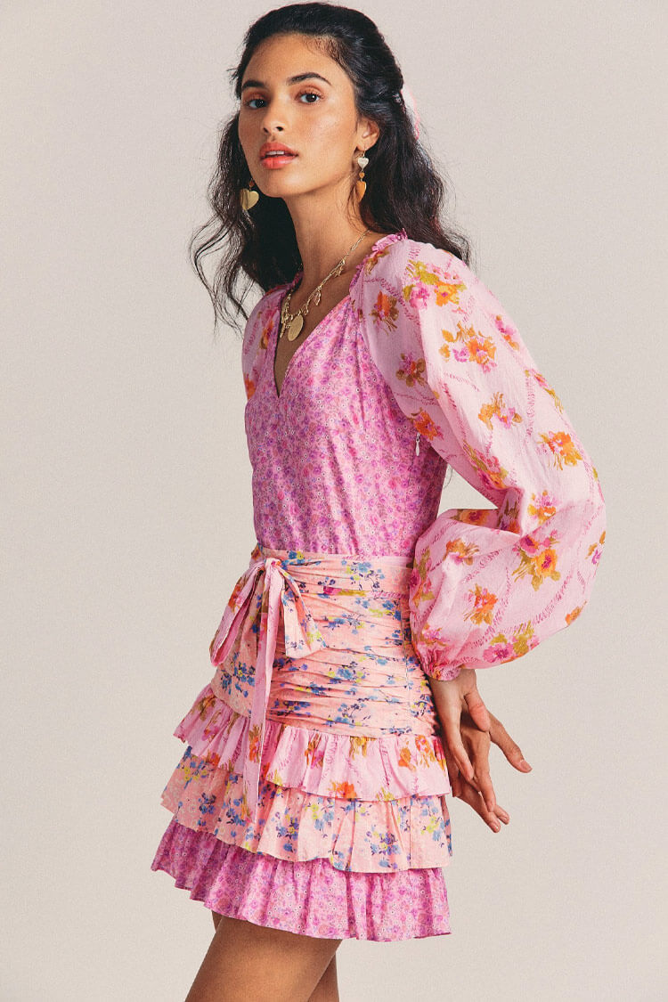 Pink V-Neck Long Sleeve Floral Print Ruched Tiered Ruffle Mini Dress