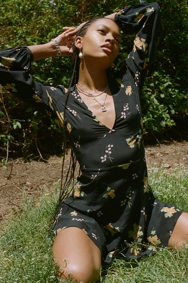 Black Deep V-Neck Floral Print Long Sleeve Fit and Flare Mini Dress