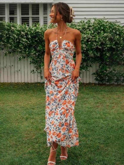 Multicolored Halter Deep V Ruched Floral Tiered Maxi Dress 4