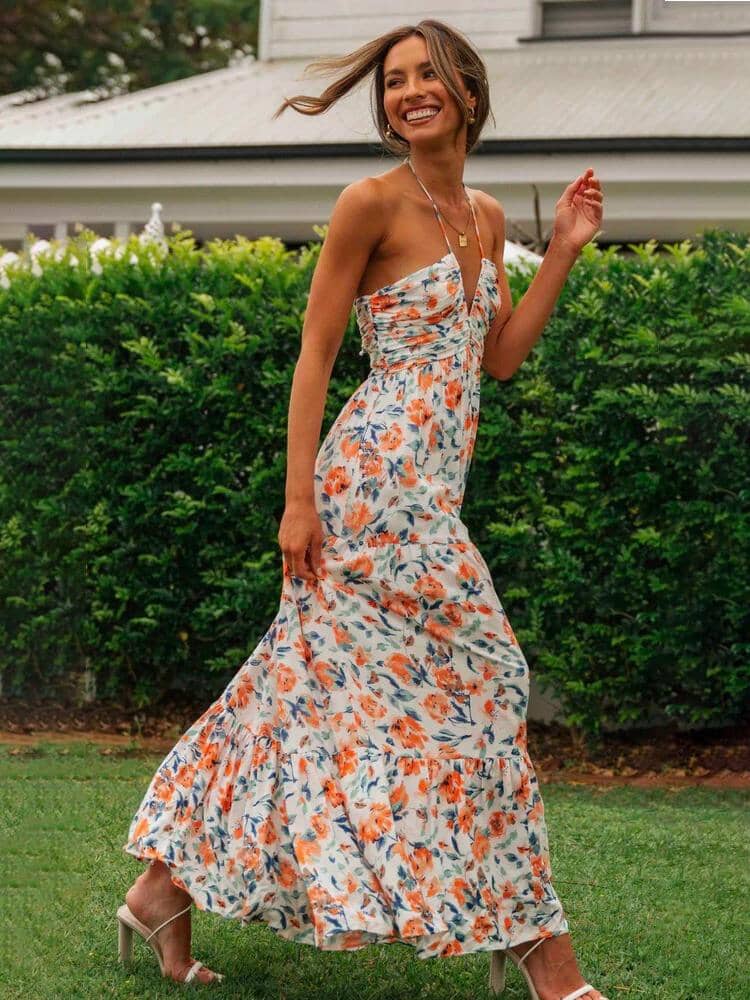 Multicolored Halter Deep V Ruched Floral Tiered Maxi Dress 2