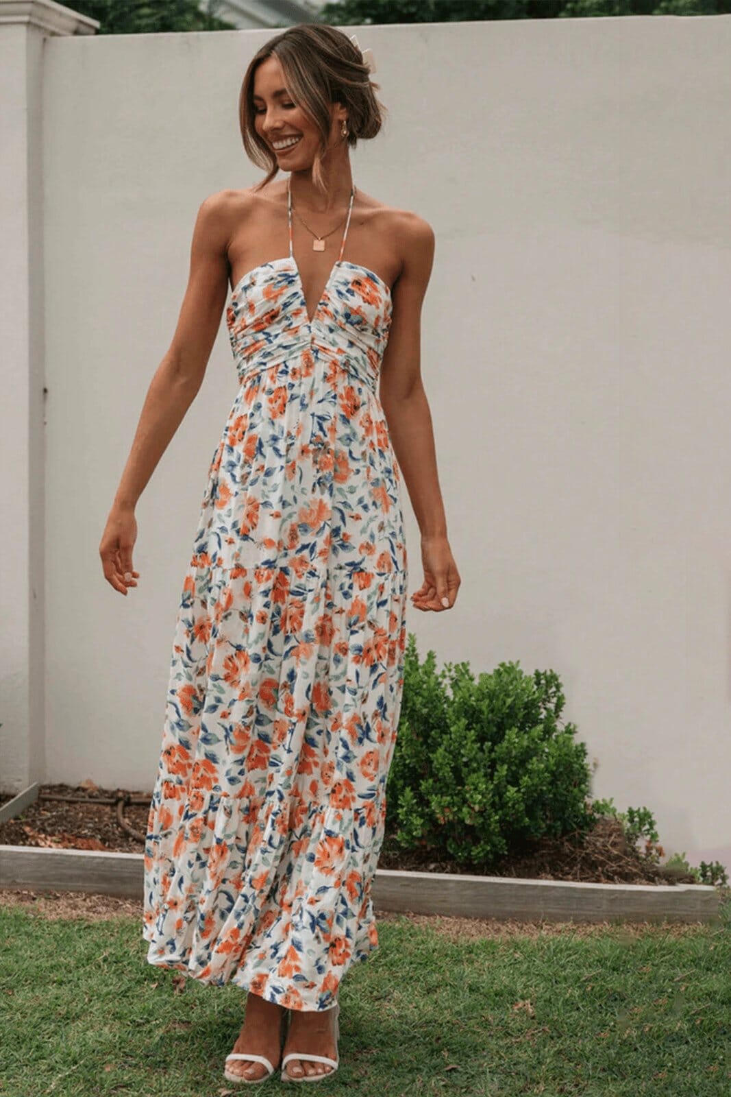 Multicolored Halter Deep V Ruched Floral Tiered Maxi Dress