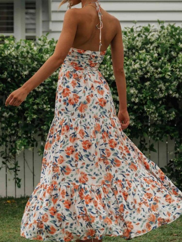 Multicolored Halter Deep V Ruched Floral Tiered Maxi Dress 3
