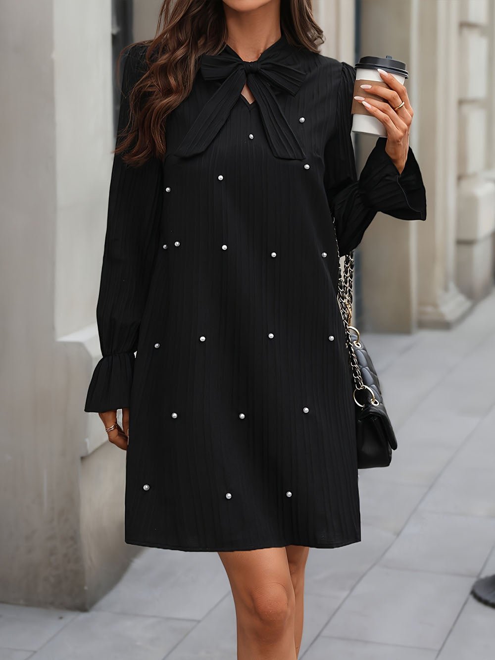 Black Pleated Pussy Bow Neck Long Sleeve Pearl Embellished Shift Mini Dress 3