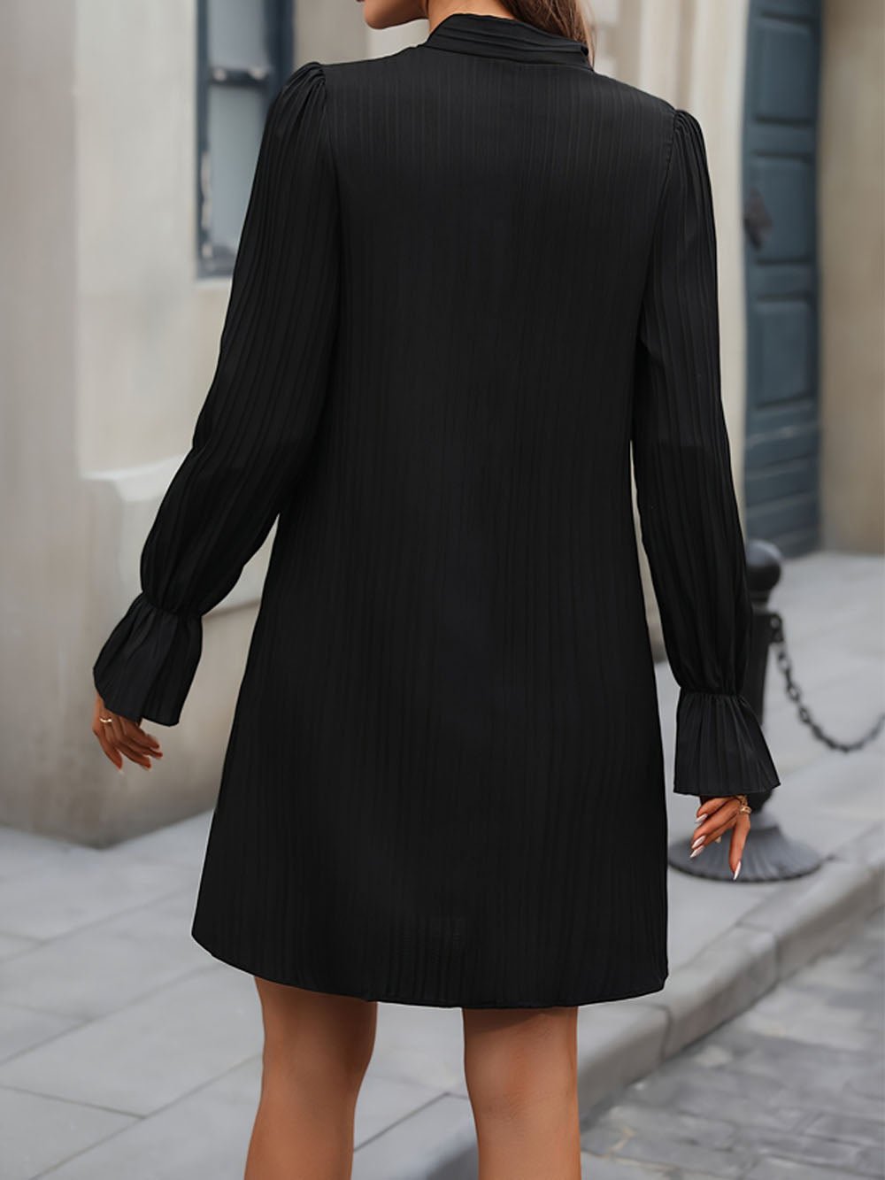 Black Pleated Pussy Bow Neck Long Sleeve Pearl Embellished Shift Mini Dress 2