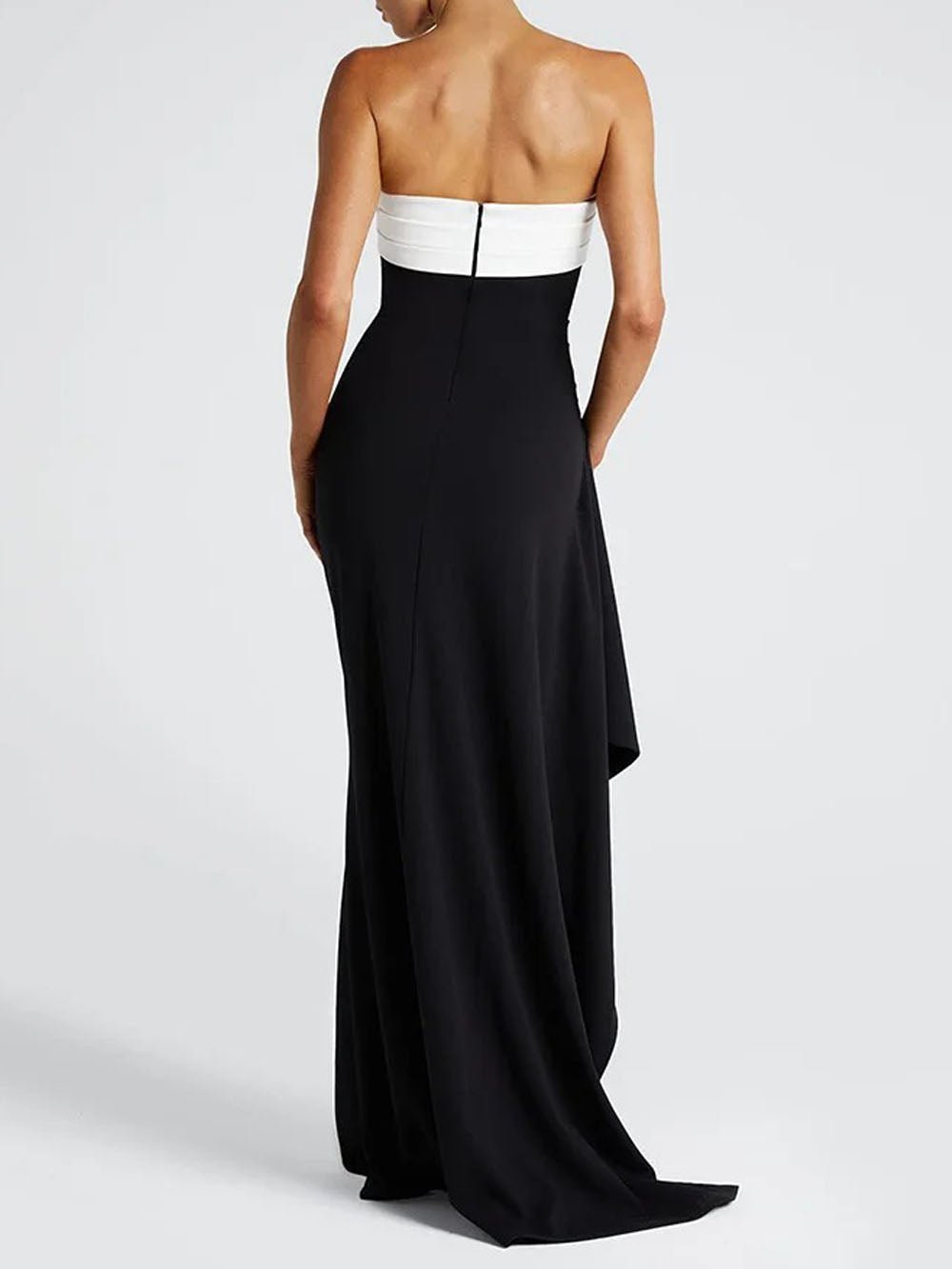 Black Strapless Contrast Band Ruched High Split Drape Maxi Dress 2