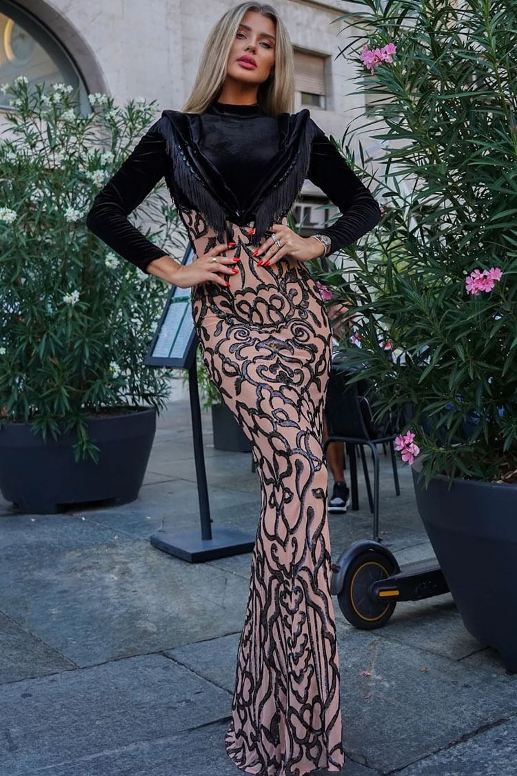 Black High Neck Long Sleeve Fringe Trim Sequin Baroque Mermaid Maxi Gown