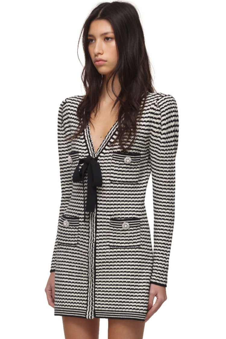 Stripe V-Neck Bow Tie Striped Knit Button Front Sweater Mini Dress 3