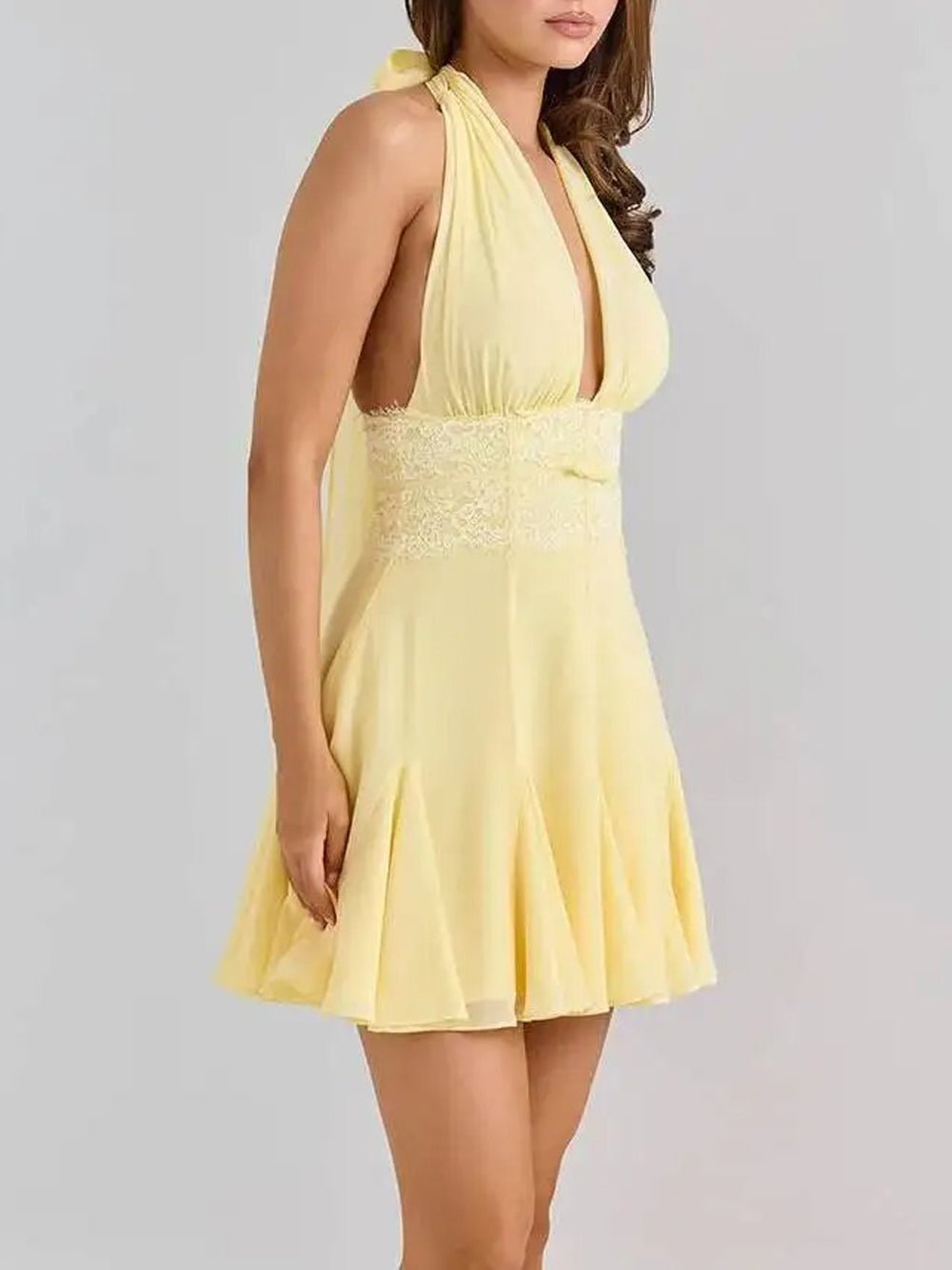 Yellow Halter Neck Deep V-Neck Lace Waistband Pleated Flare Mini Dress 3