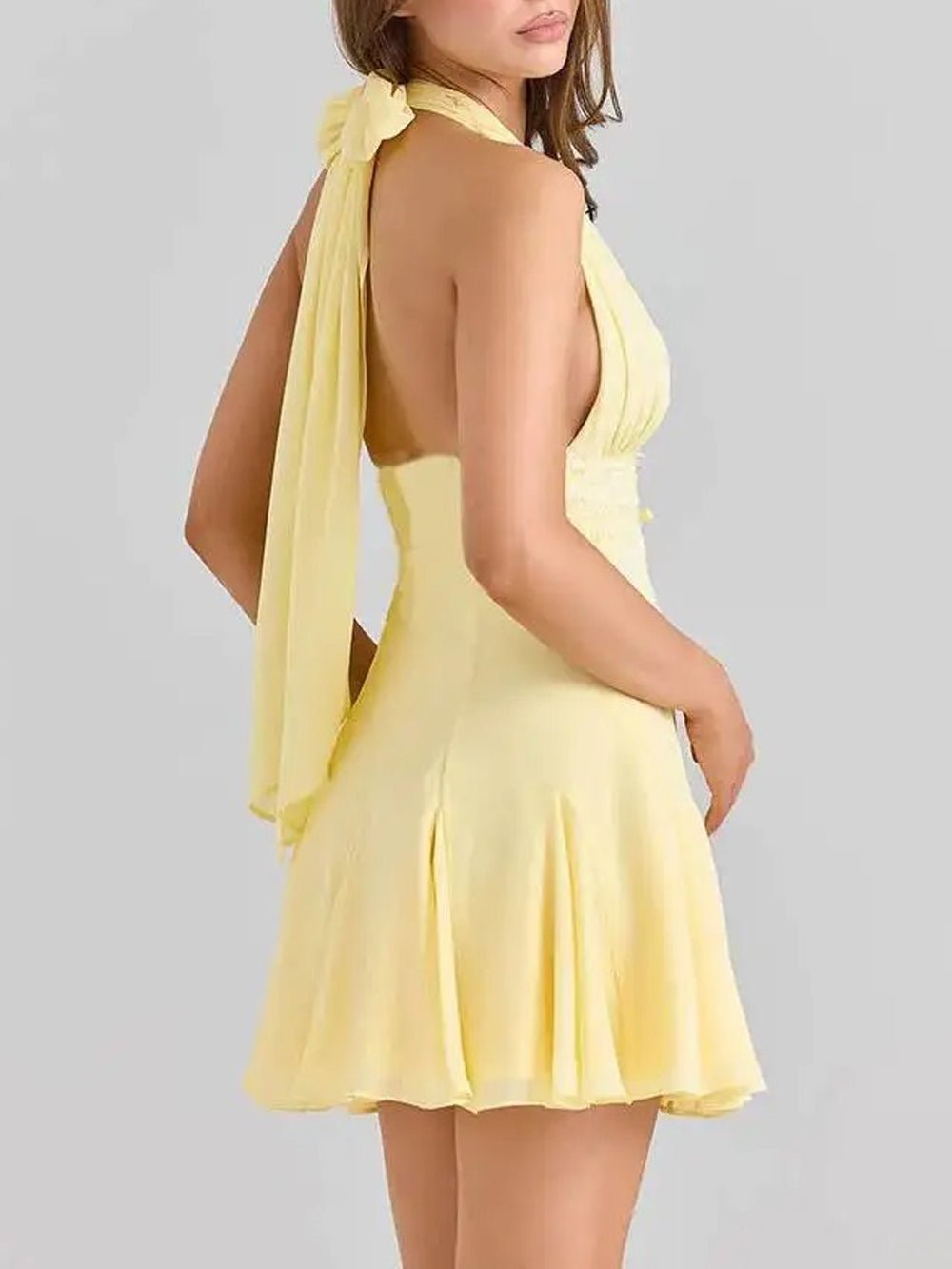Yellow Halter Neck Deep V-Neck Lace Waistband Pleated Flare Mini Dress 4