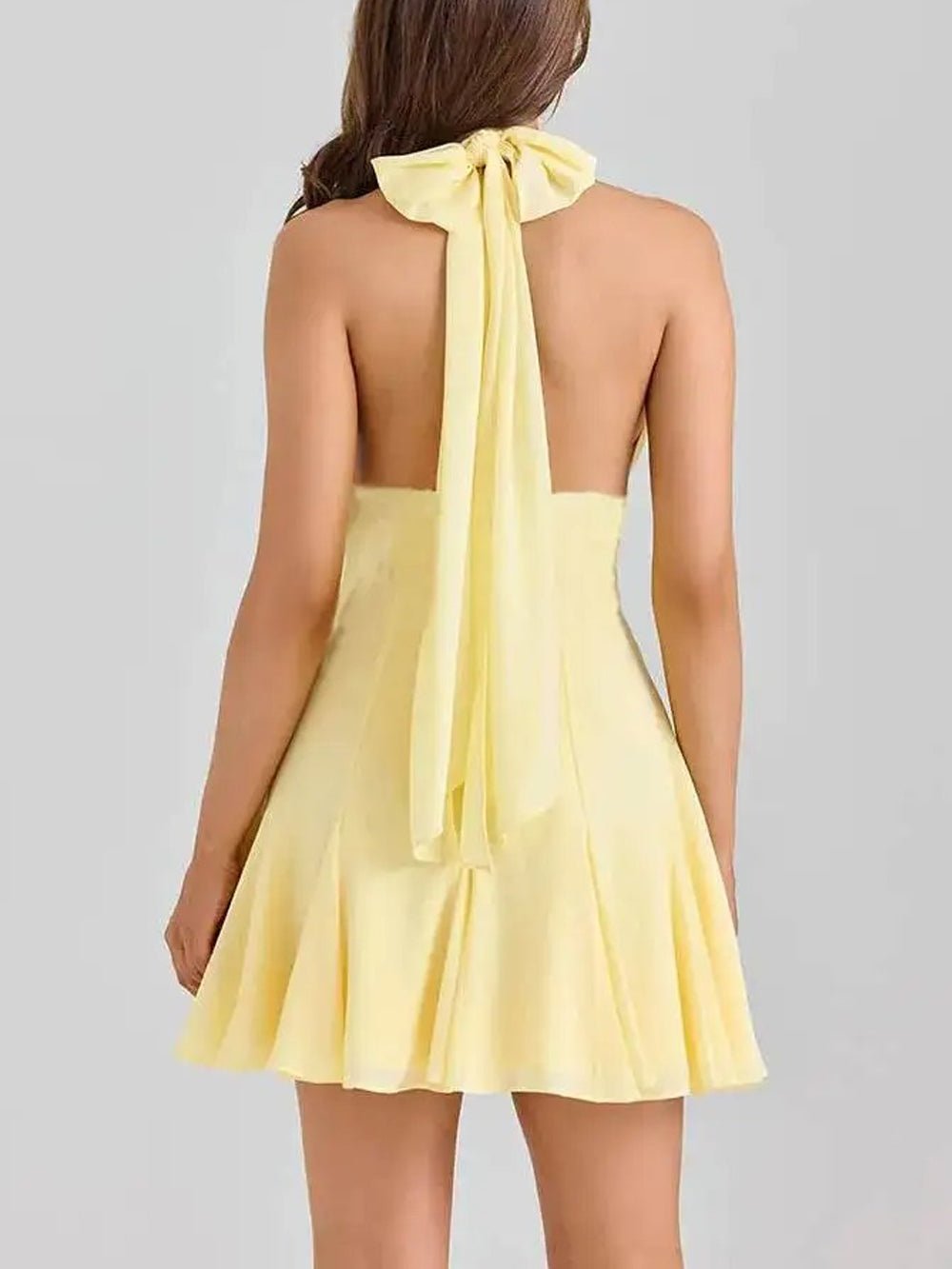 Yellow Halter Neck Deep V-Neck Lace Waistband Pleated Flare Mini Dress 2