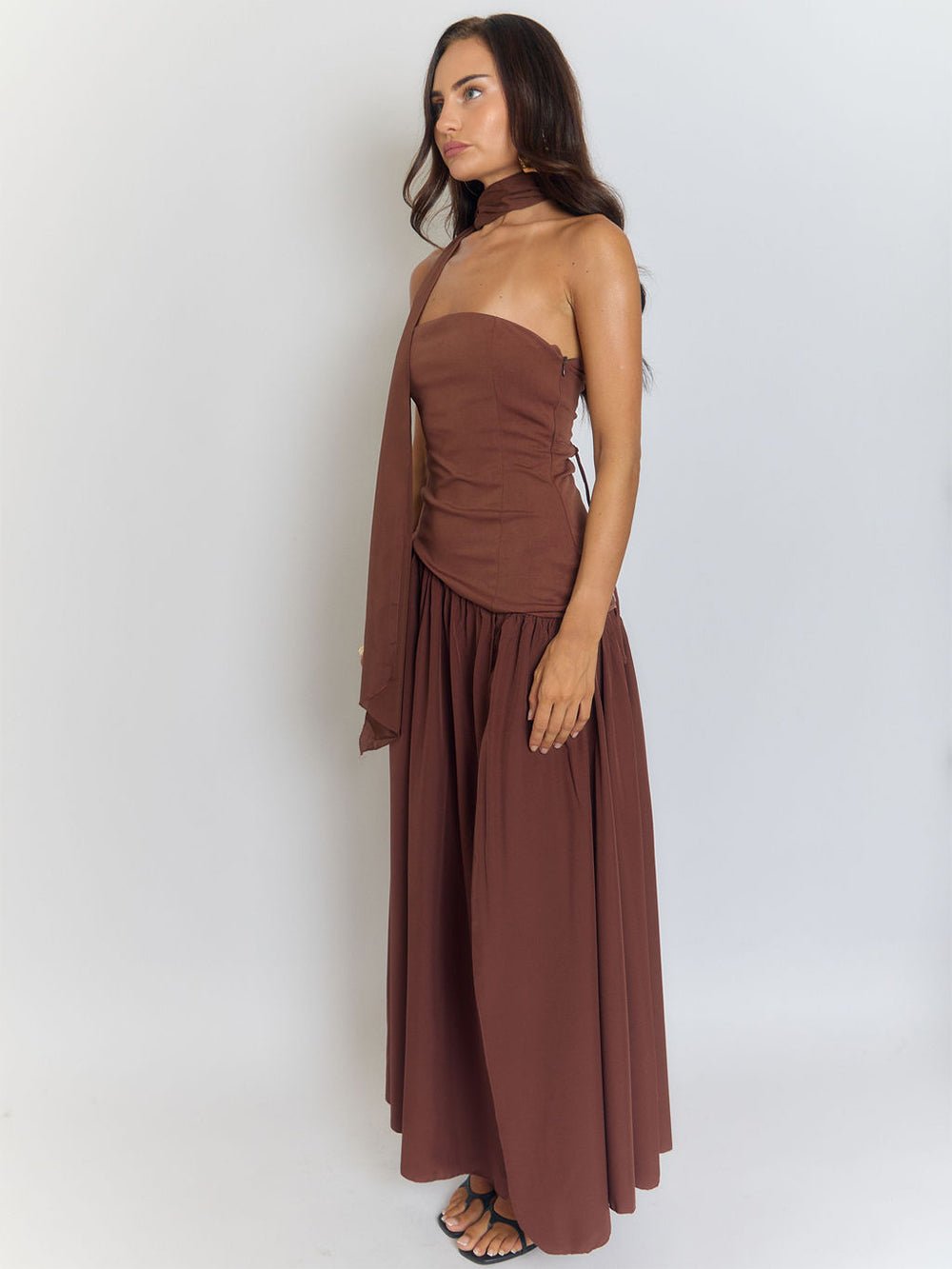 Brown One Shoulder Neck Tie Ruched Faux Two Piece High Split Column Maxi Dress 3