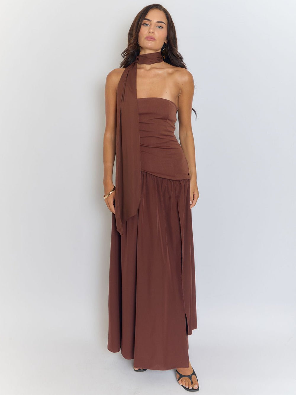 Brown One Shoulder Neck Tie Ruched Faux Two Piece High Split Column Maxi Dress 6