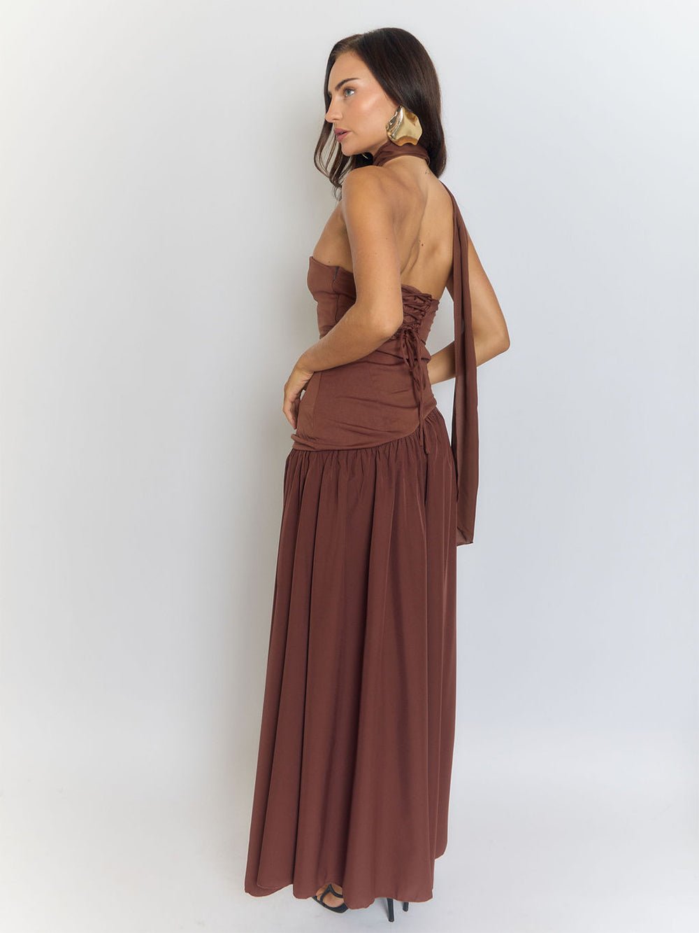 Brown One Shoulder Neck Tie Ruched Faux Two Piece High Split Column Maxi Dress 2