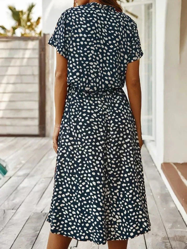 Collared Leopard Print Short Sleeve Drawstring Waist A-Line Midi Dress 9