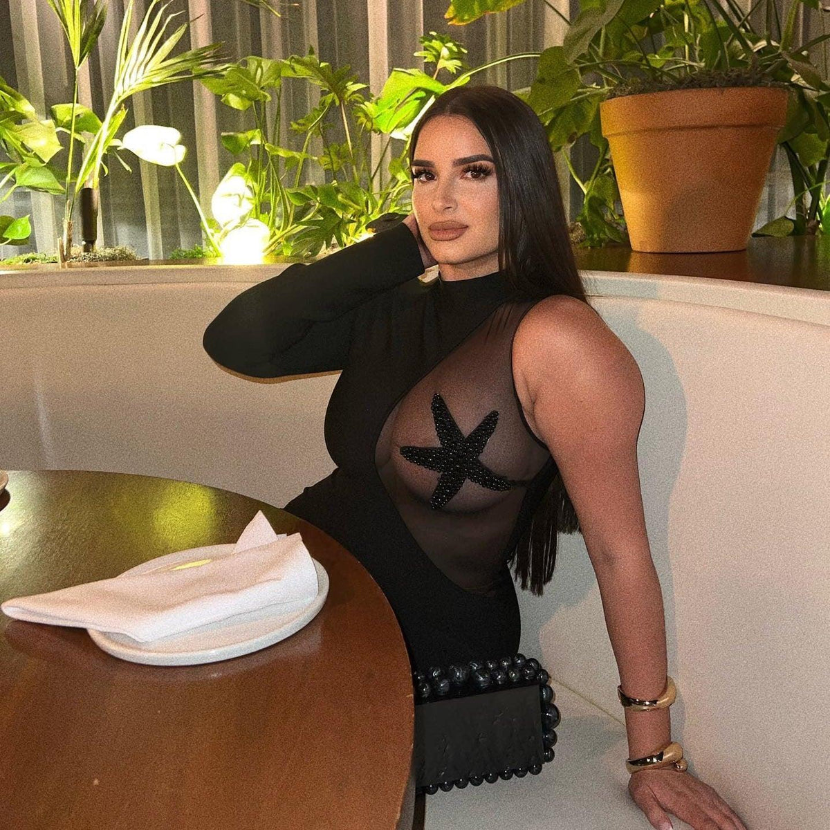 Black Mock Neck One Sleeve Starfish Patch Mesh Cutout Bodycon Mini Dress