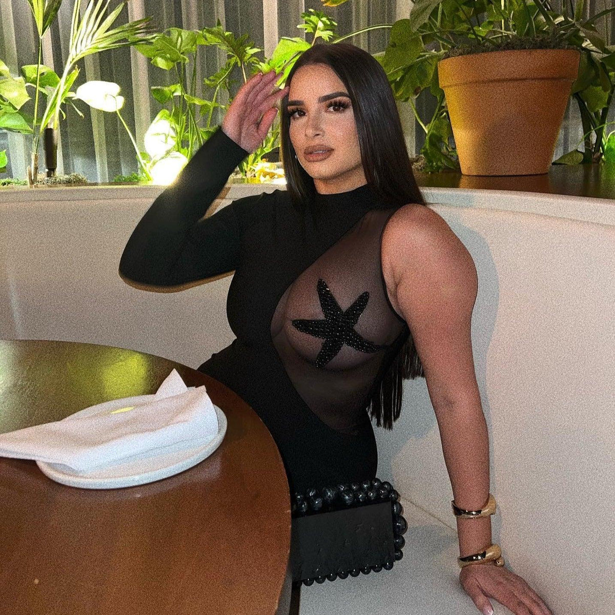 Black Mock Neck One Sleeve Starfish Patch Mesh Cutout Bodycon Mini Dress