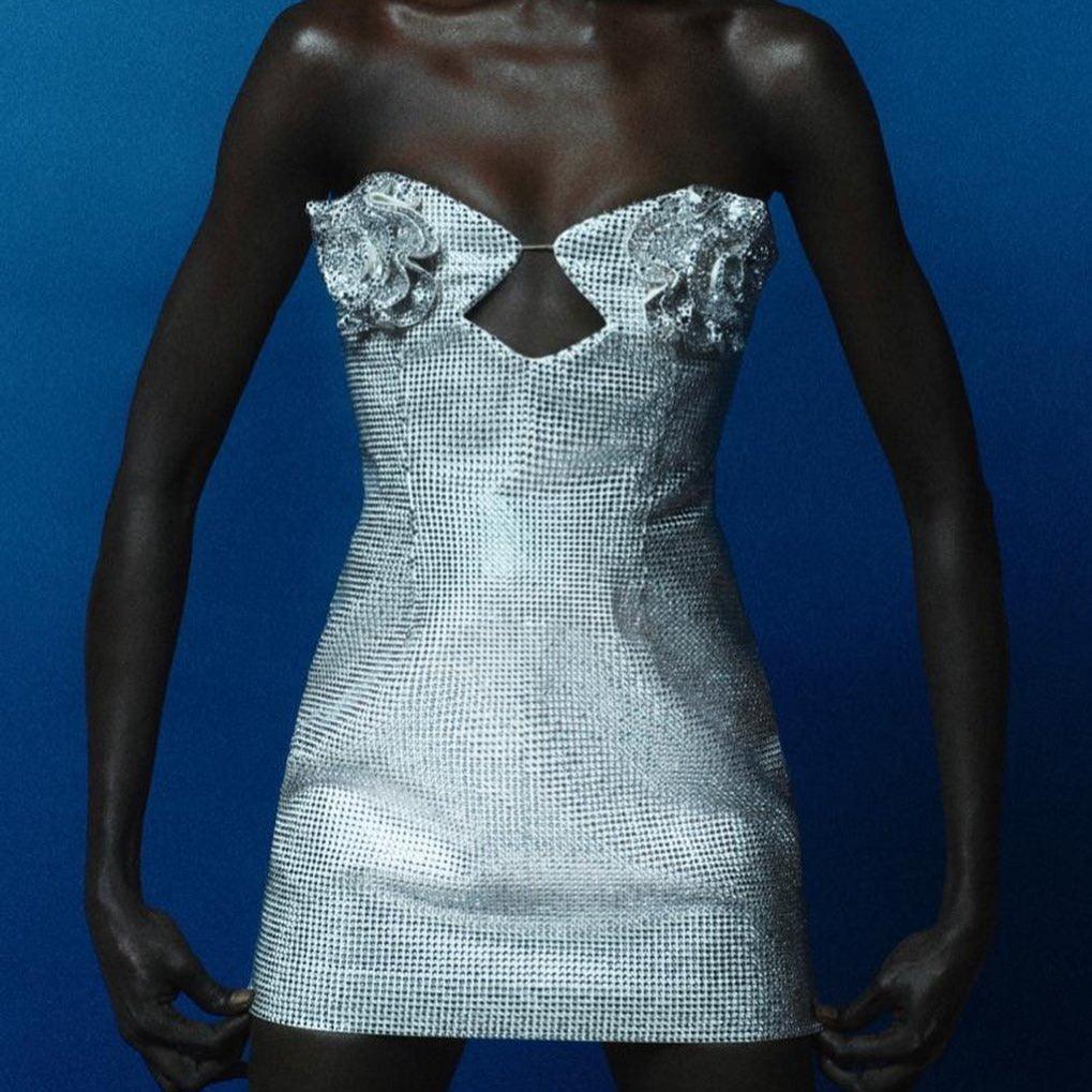 Silver Strapless Sweetheart Rhinestone Floral Applique Cutout Bodycon Mini Dress 2