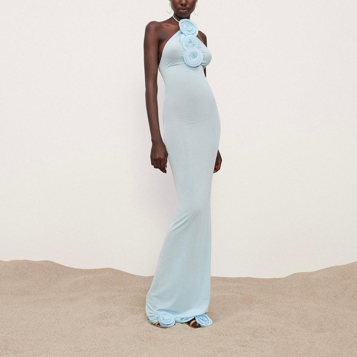 Sky Blue Halter Neck Rose Applique Mesh Bodycon Maxi Dress 5