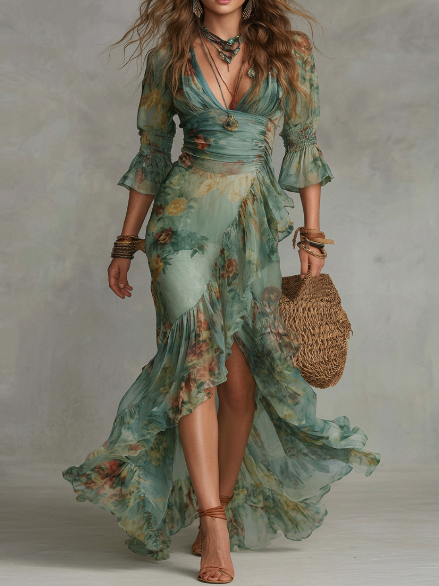 Grass Green Deep V-Neck Floral Chiffon Ruched Ruffle High Slit Maxi Dress