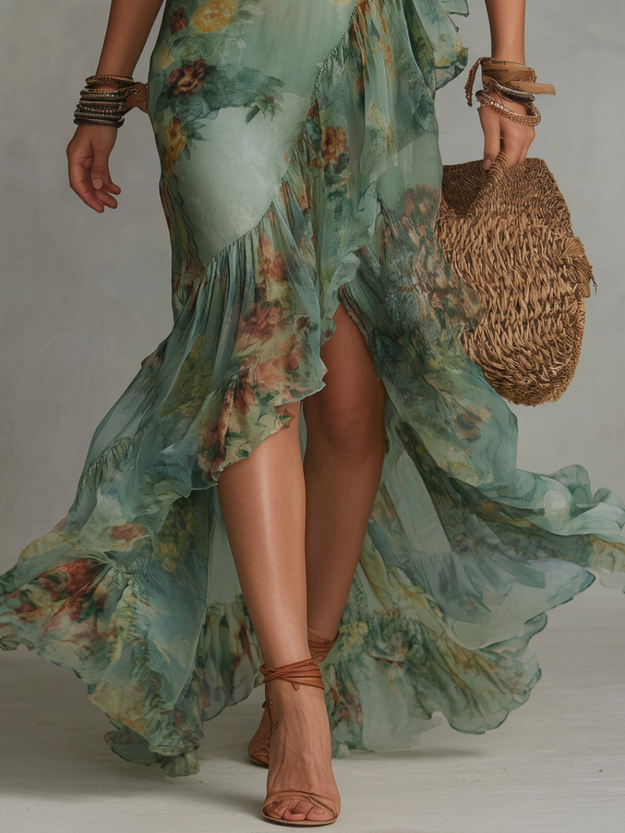 Grass Green Deep V-Neck Floral Chiffon Ruched Ruffle High Slit Maxi Dress 5