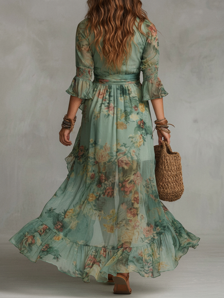 Grass Green Deep V-Neck Floral Chiffon Ruched Ruffle High Slit Maxi Dress 2