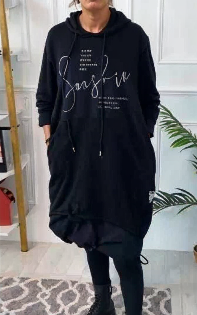 Hooded Drawstring Letter Print Oversized Cocoon Sweatshirt Dress