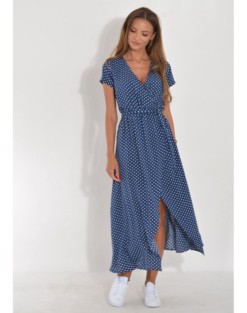 V-Neck Floral Wrap Short Sleeve High Slit Midi Dress 9