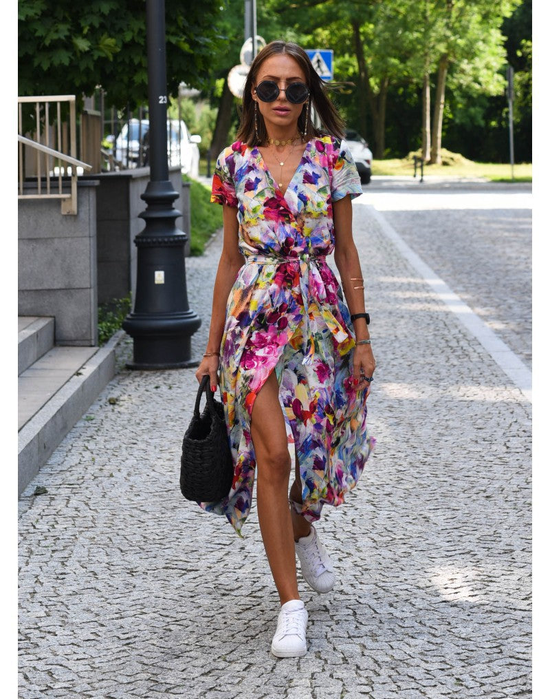 V-Neck Floral Wrap Short Sleeve High Slit Midi Dress