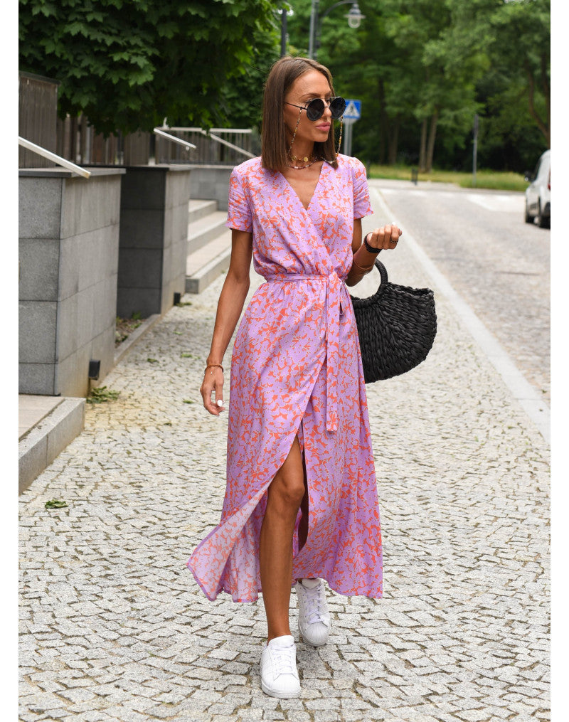 V-Neck Floral Wrap Short Sleeve High Slit Midi Dress 8