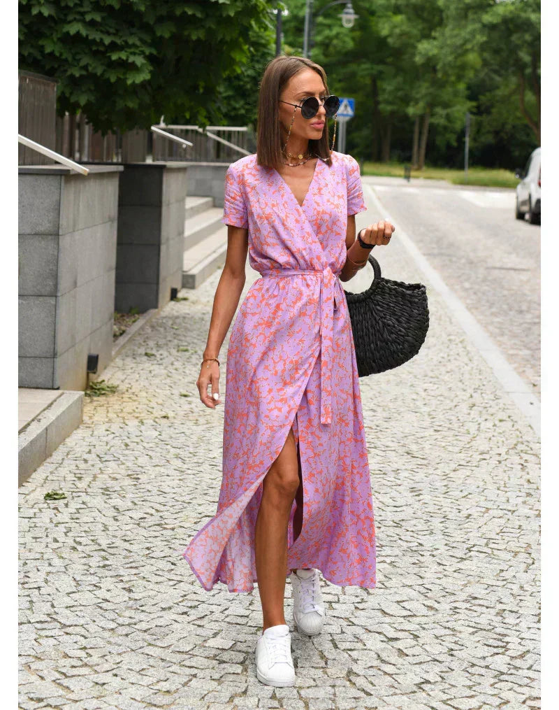 V-Neck Floral Print Short Sleeve Wrap Maxi Dress 11