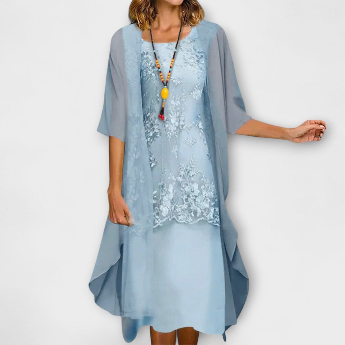 Scoop Neck Floral Lace Chiffon Jacket Sheath Midi Dress