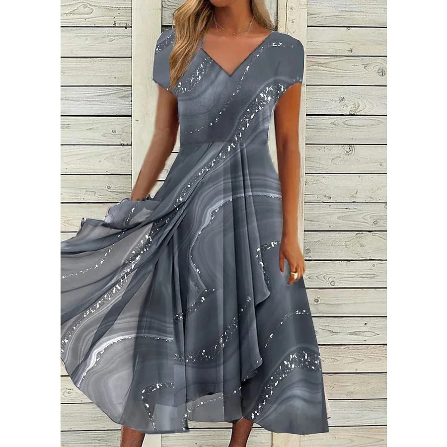 V-Neck Glitter Marble Print Short Sleeve Draped Chiffon Midi Dress
