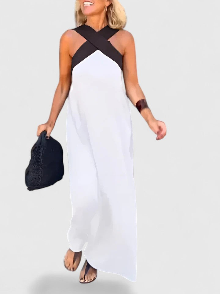 Crossover Halter Neck Contrast Panel Sleeveless A-Line Maxi Dress