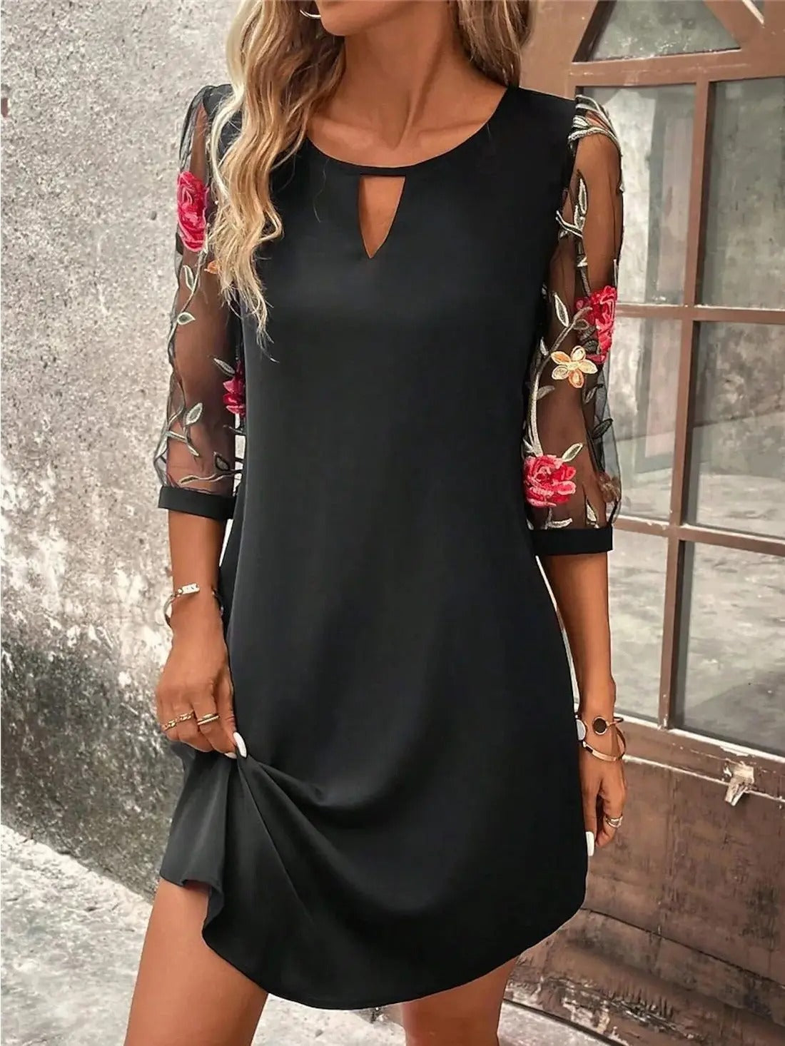 Round Neck Keyhole Floral Embroidered Mesh Sleeve Shift Mini Dress