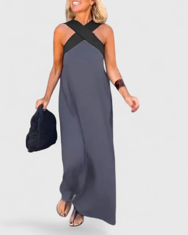 Crossover Halter Neck Contrast Panel Sleeveless A-Line Maxi Dress